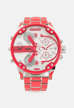 Red stainless steel chronograph watch with a silver and white dial, multiple subdials, and a glossy red and silver link bracelet.