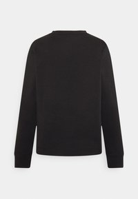 Černá mikina s dlouhým rukávem a kulatým výstřihem. Vyrobená z měkké látky, s žebrovanými lemy na rukávech a spodním okraji. Hladká textura, jednoduchý design.