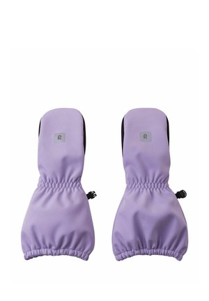 Pair of lavender waterproof mittens with elastic wrists and black side accents, designed for cold weather protection.