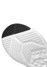 Semelle de chaussure de sport blanche avec un motif de grip texturé, un accent triangulaire en caoutchouc noir et un logo subtilement embossé.