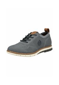Graue Netzsneaker mit strukturierten Oberflächen, runder Zehenpartie, braunen Lederakzenten, schwarzem Sohle mit weißer Umrandung und Stoffbändern.