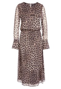 Midi-jurk met luipaardprint van transparante stof, met lange mouwen, ruches bij het lijfje en een zacht uitlopende silhouet.