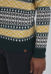 Pulover tricotat cu un model galben, alb și verde închis, cu designuri geometrice. Manșete și tiv zimțate în verde închis. Detaliu mic cu etichetă maro.