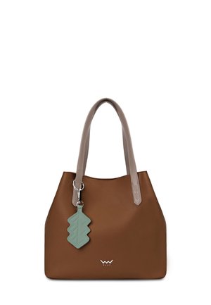Brown synthetic handbag with light gray handles, featuring a mint green leaf-shaped charm and logo on the front. Smooth texture, simple design.