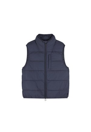 Chaleco acolchado sin mangas en azul marino con cremallera frontal, bolsillo vertical con cremallera en el pecho, cuello alto y costuras horizontales.