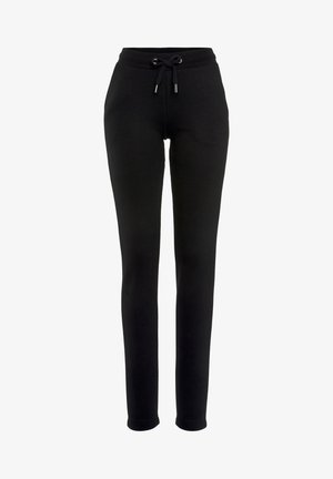 Schwarze Jogginghose mit tailliertem Design, elastischem Bündchen und verstellbarem Kordelzug; aus weichem Stoff mit glatter Textur.