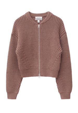 Mauve chunky gebreid cropped vest met lange mouwen en een zilveren rits aan de voorkant.