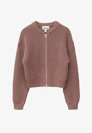 Cardigan court en maille épaisse mauve avec manches longues et fermeture éclair argentée à l'avant.