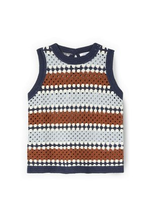 Veste bébé tricotée sans manches avec motif rayé en bleu marine, marron, blanc et bleu clair, dotée d'un col rond et d'une fermeture par boutons dans le dos.