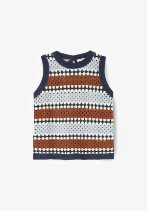 Ärmellose gestrickte Babyweste mit gestreiftem Muster in Navy, Braun, Weiß und Hellblau, mit rundem Ausschnitt und Rückenknopfverschluss.
