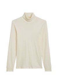 Cremfarbener Rollkragenpullover mit langen Ärmeln aus weichem Stoff. Er hat einen figurbetonten Ausschnitt und ein einfaches, schnörkelloses Design mit langen Ärmeln und ohne Muster.
