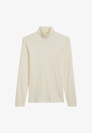 Crème col omhaal lange mouw top gemaakt van zachte stof. Beschikt over een aansluitende halslijn en een eenvoudig, strak ontwerp met lange mouwen en geen patronen.