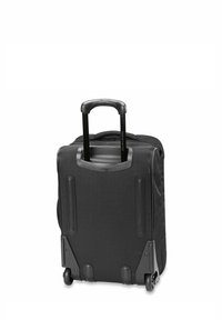 Maleta negra con ruedas, con asa retráctil, exterior de tela resistente, ruedas de rodaje suave y acolchado lateral para protección.