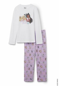 Bílý top s dlouhým rukávem a kreslenou grafikou; fialové pyžamové kalhoty se hravými vzory psů, univerzální měkká tkanina, pohodlný střih.