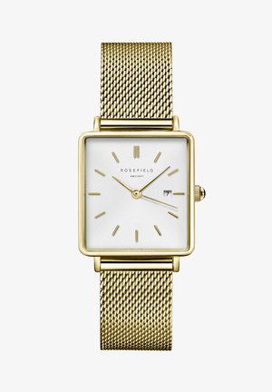 Montre en acier inoxydable doré avec un cadran blanc carré, un bracelet en maille, un motif texturé et un affichage de la date à 3 heures. Aiguilles et index en doré.