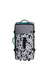 Rullattava matkalaukku, jossa mustavalkoinen kukkakuosi, raidallinen etutasku, turkoosi vetoketju, mustat kahvat ja sivussa puristusnauhat.