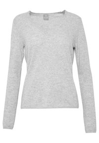Light grey, long-sleeved sweater with a V-neck design, made from soft fabric, featuring a smooth texture and ribbed cuffs and hem.