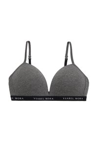 Sostén de algodón gris con copas triangulares moldeadas, tirantes delgados ajustables y una banda negra con el logo "YSABEL MORA" en blanco.