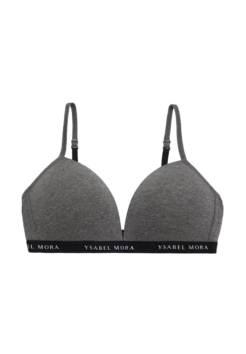 Sostén de algodón gris con copas triangulares moldeadas, tirantes delgados ajustables y una banda negra con el logo "YSABEL MORA" en blanco.