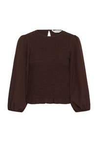 Blouse marron smockée avec manches longues bouffantes, col rond et détail dos en forme de goutte. Tissu rayé texturé avec un ourlet froncé.