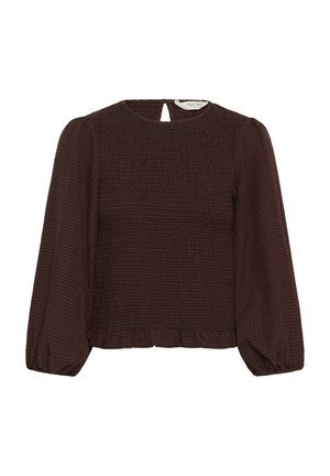 Brūna, ar smokiem apdrukāta blūze ar gariem pūstiem piedurknēm, apaļu kaklu un atslēgas caurumu muguras detaļā. Teksturēts svītrains audums ar kroku apakšmalu.