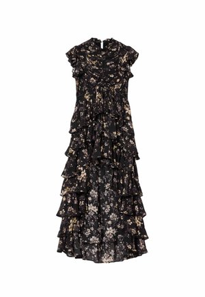 Zwarte bloemenjurk met ruches aan de mouwen en gelaagde rokken. Heeft een geplooide taille en fijne bloemenpatronen in crème en paars.