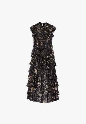 Czarna sukienka w kwiaty z falbanami na rękawach i wielowarstwową spódnicą. Posiada marszczoną górę i delikatne kwiatowe wzory w kremowym i fioletowym kolorze.