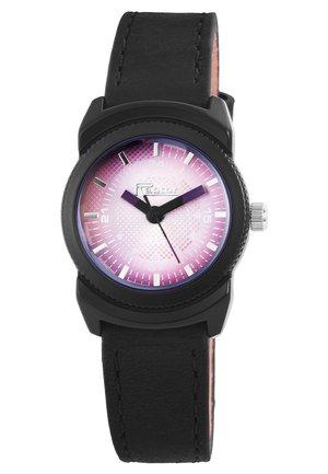 Black leather strap watch with a round purple gradient dial, textured surface, silver hour markers, and two hands.