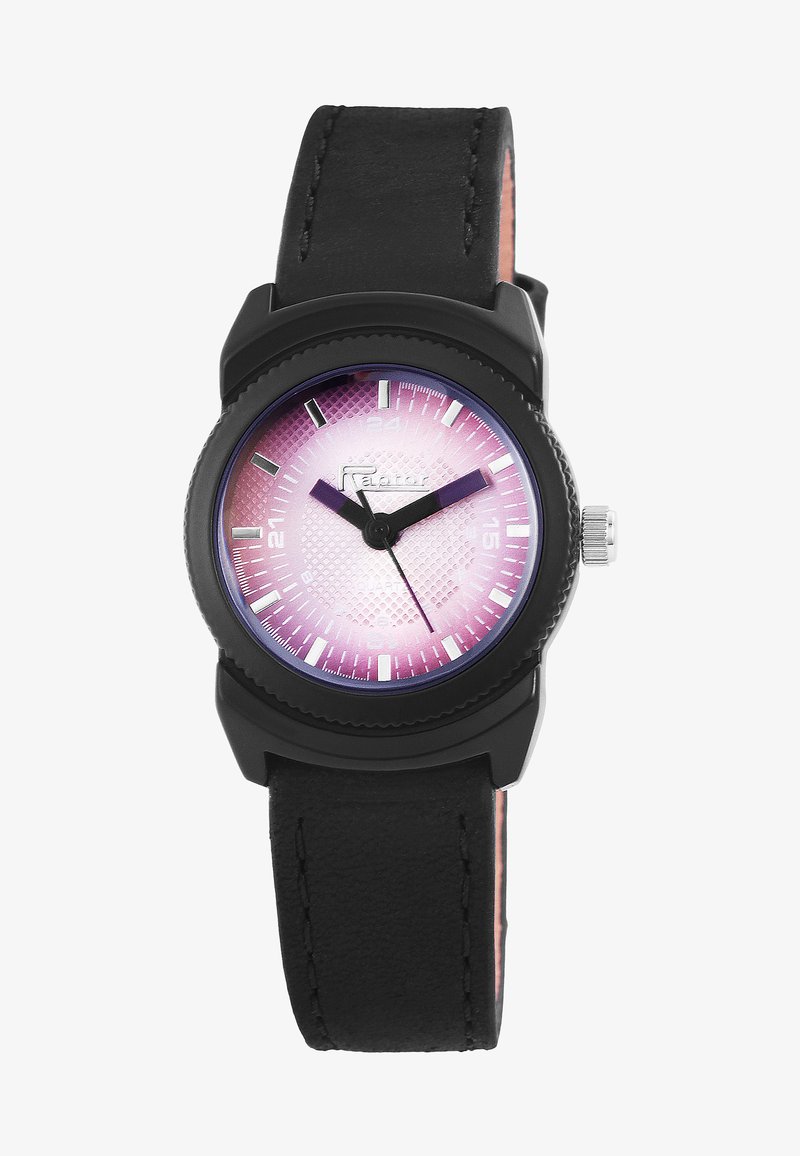 Black leather strap watch with a round purple gradient dial, textured surface, silver hour markers, and two hands.