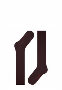 Calzini bordeaux realizzati in un tessuto liscio. Presentano una punta e un tallone rinforzati, con un logo rosso del marchio sulla caviglia. Design a lunghezza completa.
