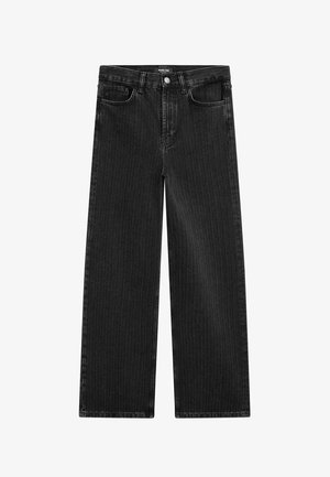 Weite schwarze Denim-Jeans mit feinem vertikalen Streifenmuster, ausgestattet mit einem Fünf-Taschen-Design und einem klassischen Knopfverschluss an der Taille.