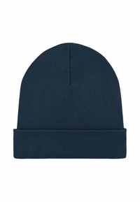 Cappello lavorato a maglia in blu scuro, caratterizzato da un risvolto arrotolato e una texture liscia, progettato per garantire calore e comfort nelle temperature più fresche.
