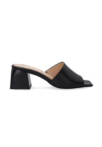 Black open-toe mules with a smooth, matte finish. Features a pointed front and a block heel for stability. Subtle branding visible inside.