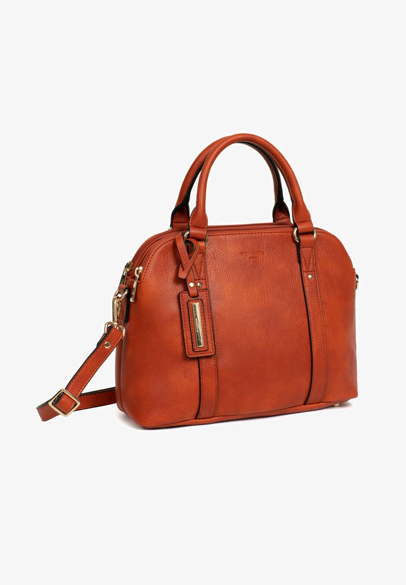 Leren schoudertas in rijk oranje met een gladde textuur, ronde handvatten, een afneembare schouderband en accenten van goudkleurige hardware.