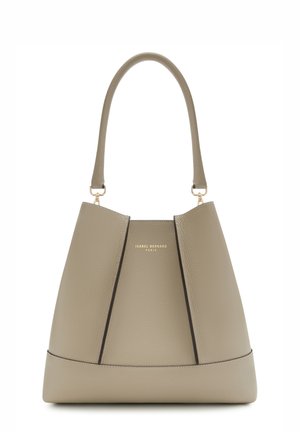 Beige Lederhandtasche mit strukturiertem Design, breitem Boden, doppelten Traggriffen und goldfarbenen Hardware-Akzenten.