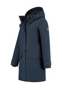 Marineblauwe knielange parka met capuchon, voorkant met ritssluiting en knopen, meerdere zakken en verstelbare manchetten, weergegeven op een witte achtergrond.