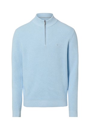 Hellblauer Pullover mit hohem Kragen und halbem Reißverschluss. Strukturierter Stoff mit gerippten Bündchen und Saum. Kleines Logo auf der Brust.