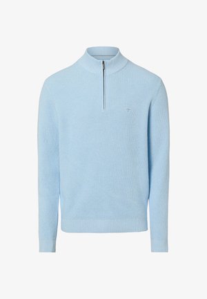 Hellblauer Pullover mit hohem Kragen und halbem Reißverschluss. Strukturierter Stoff mit gerippten Bündchen und Saum. Kleines Logo auf der Brust.