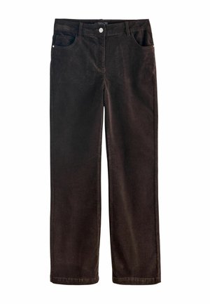 Brune fløjl bukser med lige ben, fem lommer og sølvknap lukning. Glat tekstur og blødt stof.