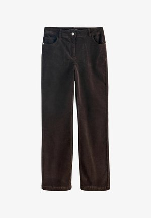 Bruna manchesterbyxor med rak bendesign, femficksstil och silverknappstängning. Slät textur och mjukt tyg.