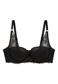 Bralette en dentelle noire avec soutien-gorge à armatures, broderie florale sur les panneaux en tulle, bretelles réglables et fermeture par crochet et œillet.