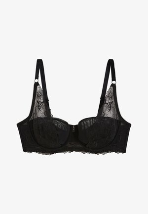 Bralette en dentelle noire avec soutien-gorge à armatures, broderie florale sur les panneaux en tulle, bretelles réglables et fermeture par crochet et œillet.