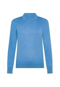 Maglione a maglia azzurro chiaro con collo alto, maniche lunghe e polsini e orlo a coste. Texture liscia e pattern uniforme in tutto il capo.