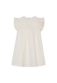 Kurzes, cremefarbenes Kleid aus strukturiertem Stoff mit Rüschenärmeln und einem Rückenschlitz, der mit einem Knopf gesichert ist.
