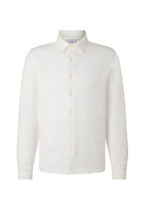 White long-sleeve shirt made from a smooth fabric, featuring a classic collar, buttoned front, and fitted cuffs.