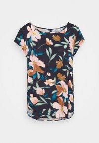 Haut à manches courtes à motifs floraux avec un fond bleu marine, des fleurs rose et marron, un col rond et des fentes latérales pour plus de détails.