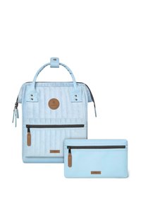 Light blue zippered backpack with a textured surface and a front pocket, accompanied by a matching zippered wallet with a smooth finish.