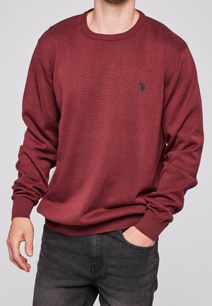 Mann trägt burgunderroten Pullover mit Rundhalsausschnitt und kleinem Logo auf der Brust sowie schwarze Jeans, eine Hand in der Tasche, vor einfarbigem Hintergrund.