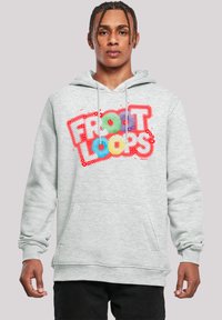 Grey hoodie made of cotton blend, featuring a colorful "Froot Loops" graphic, front pouch pocket, and ribbed cuffs and hem.
