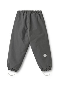 Gray, lightweight, elastic-waisted pants with drawstring cuffs and circular accents. Smooth texture, modern design, suitable for casual wear.